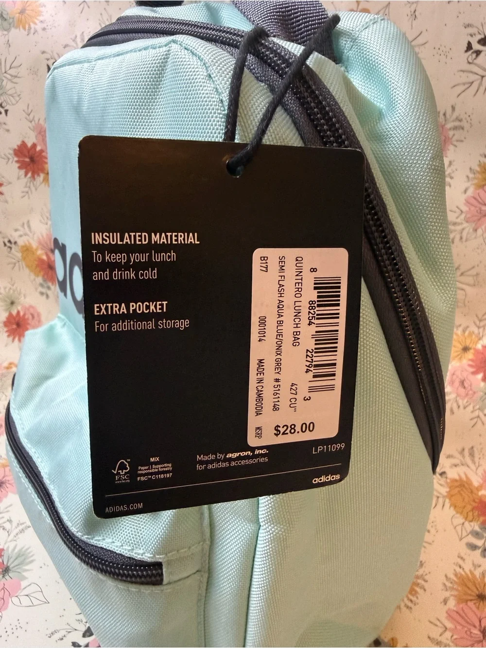 adidas Mint Green Mini Lunch Tote with Front Zip Pocket